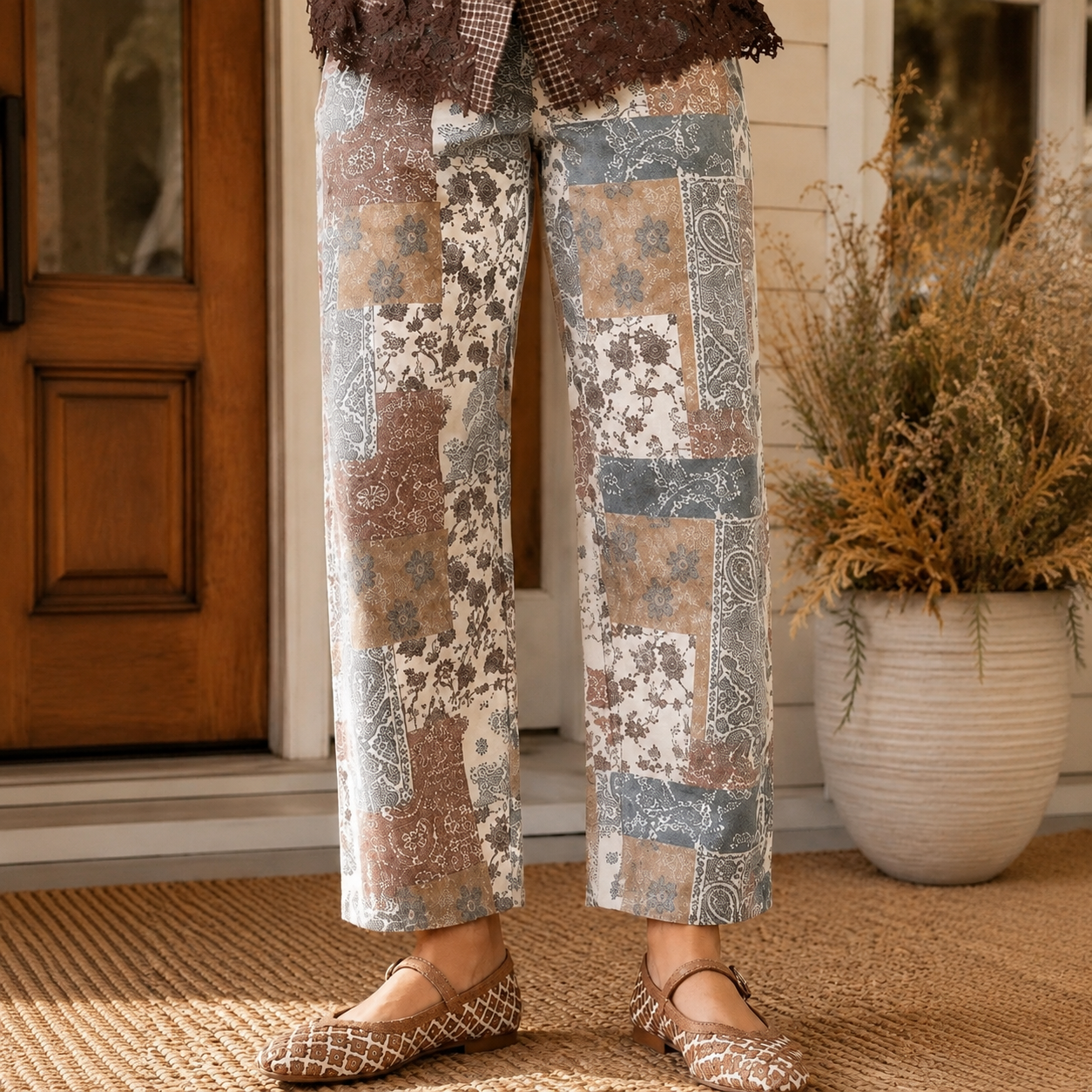 Multicolour Boho Floral Patchwork Western Print Straight Leg Ankle-Length Jeans - PREORDER