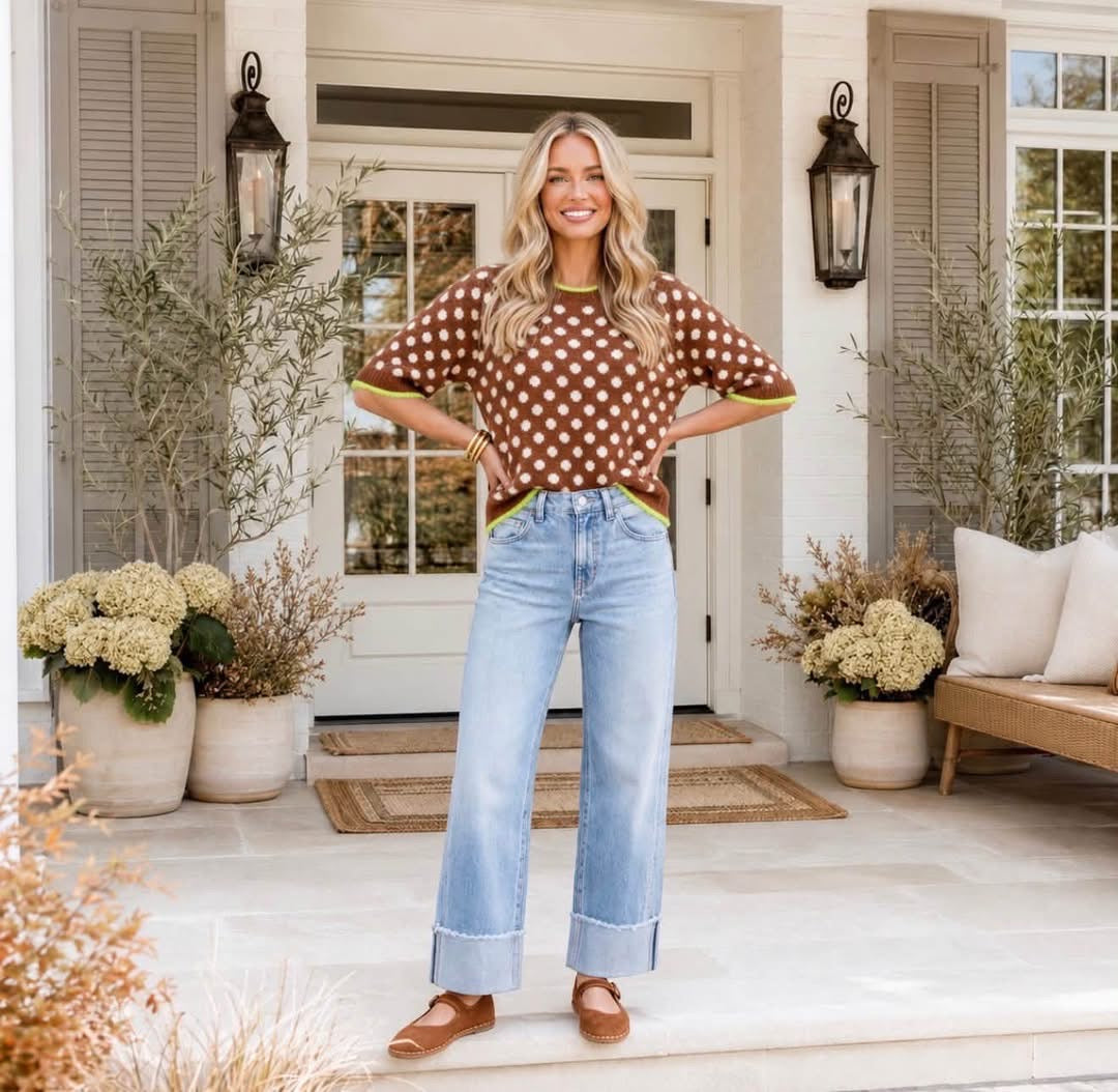 Coffee Polka Dot Contrast Trim Round Neck Half Sleeve Sweater - PREORDER