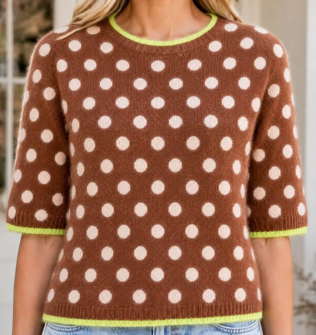 Coffee Polka Dot Contrast Trim Round Neck Half Sleeve Sweater - PREORDER
