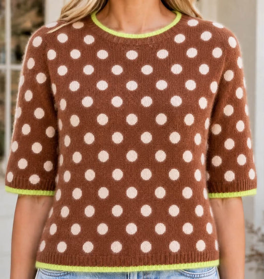 Coffee Polka Dot Contrast Trim Round Neck Half Sleeve Sweater - PREORDER