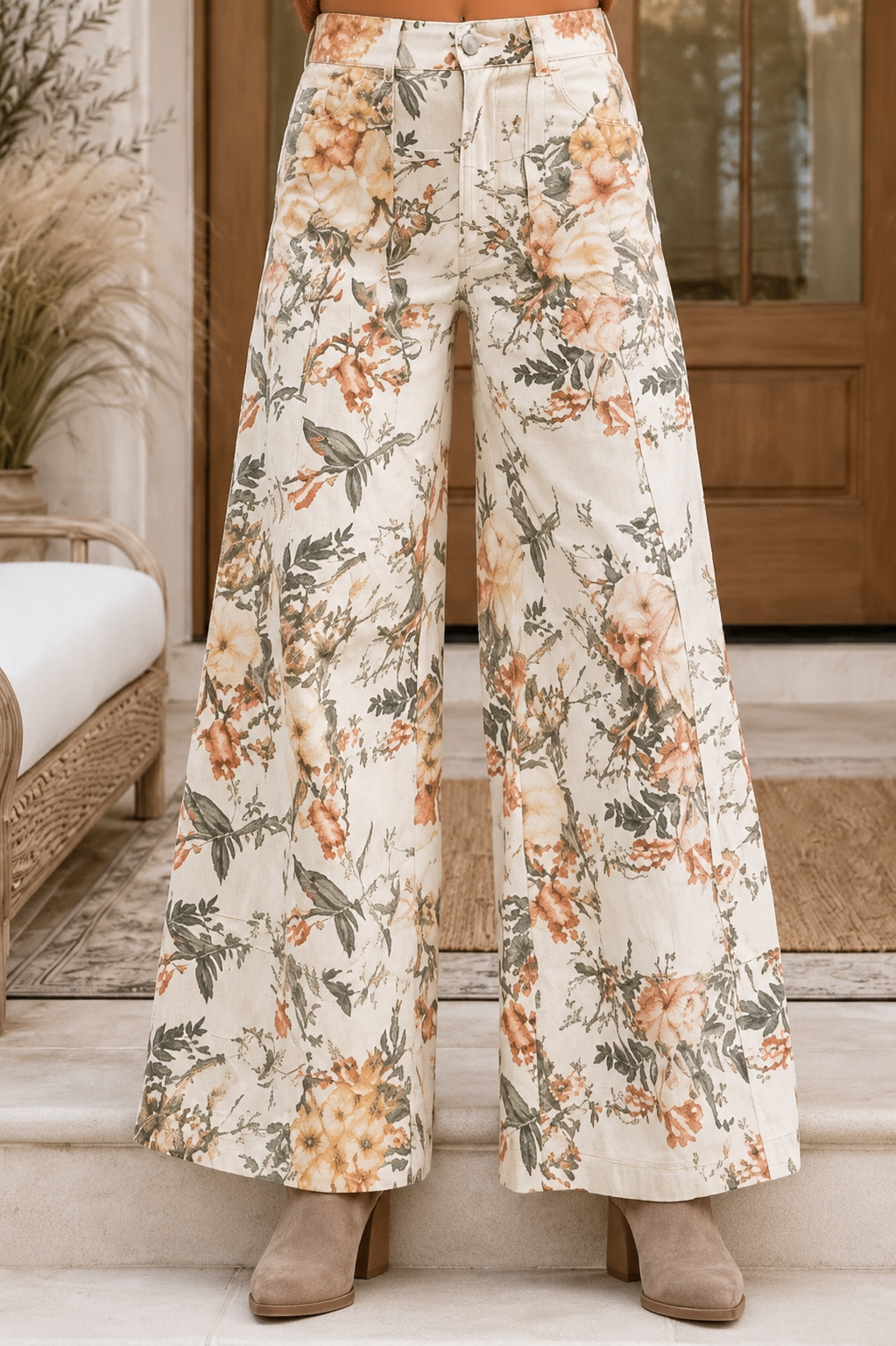 Beige Vintage Style Floral Print High Waist Wide Leg Jeans - PREORDER
