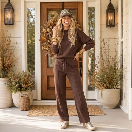Coffee Solid Color Piping Trim Mock Neck Pullover Drawstring Pants Set - PREORDER