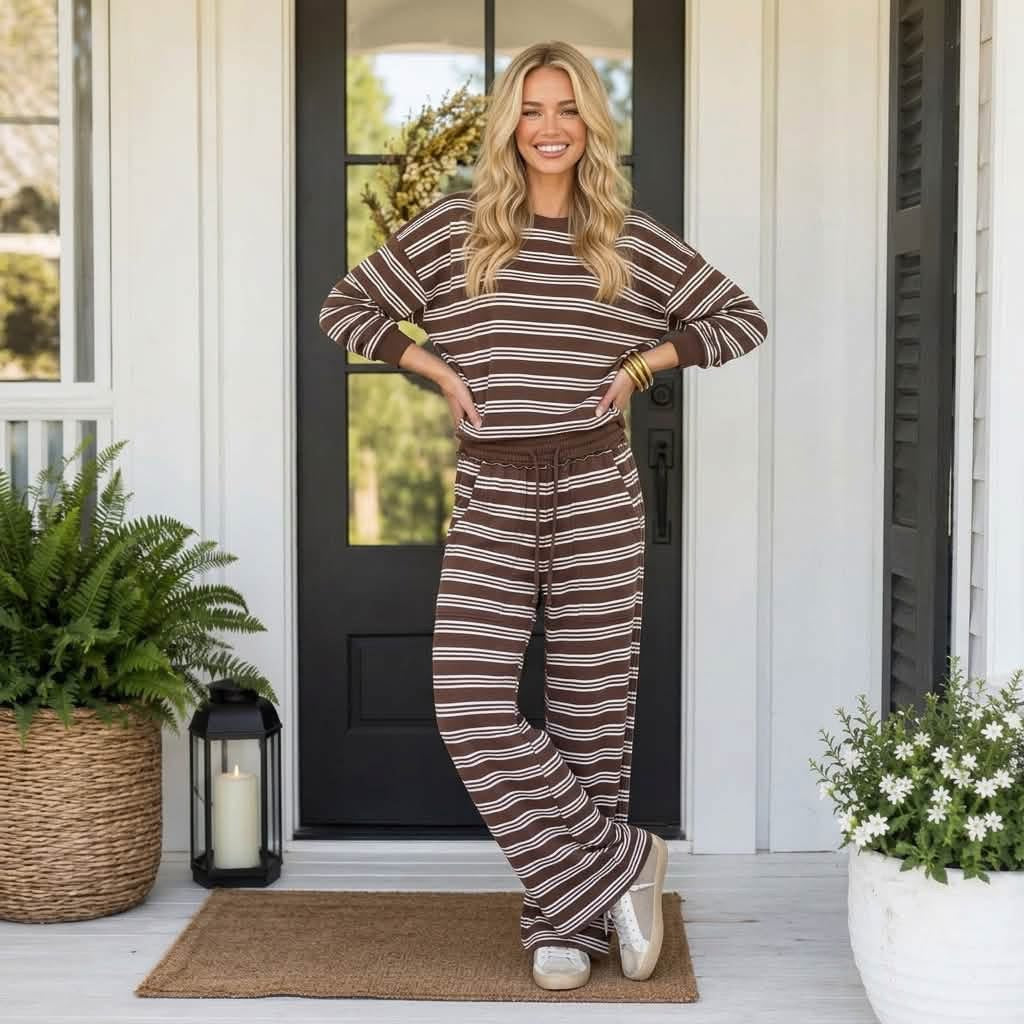 Brown Stripe Back Cutout Long Sleeve Top and Wide Leg Pants 2pcs Set - PREORDER