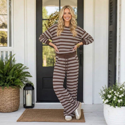 Brown Stripe Back Cutout Long Sleeve Top and Wide Leg Pants 2pcs Set - PREORDER