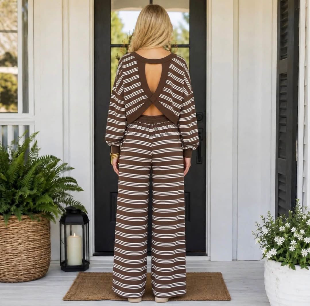 Brown Stripe Back Cutout Long Sleeve Top and Wide Leg Pants 2pcs Set - PREORDER