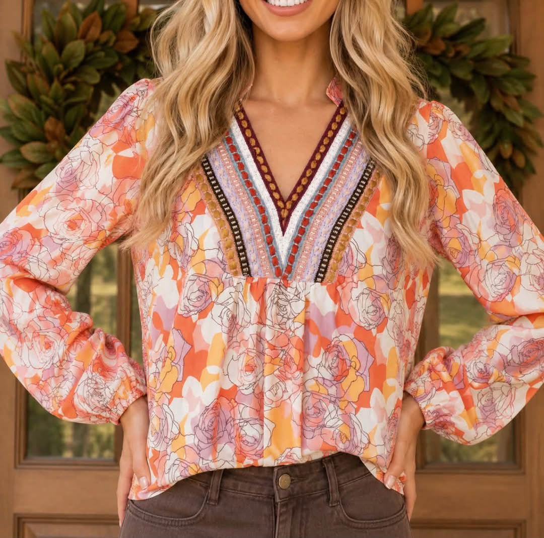 Pink Floral Print V Neck Long Sleeve Shift Blouse - PREORDER