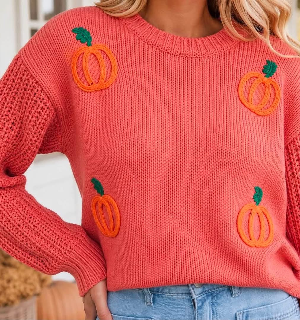 Pumpkin Embroidered Sweater - PREORDER