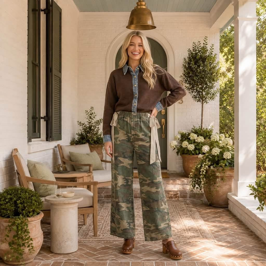 Camo Bohemian Bow Waist Palazzo Elastic Waist Pants - PREORDER
