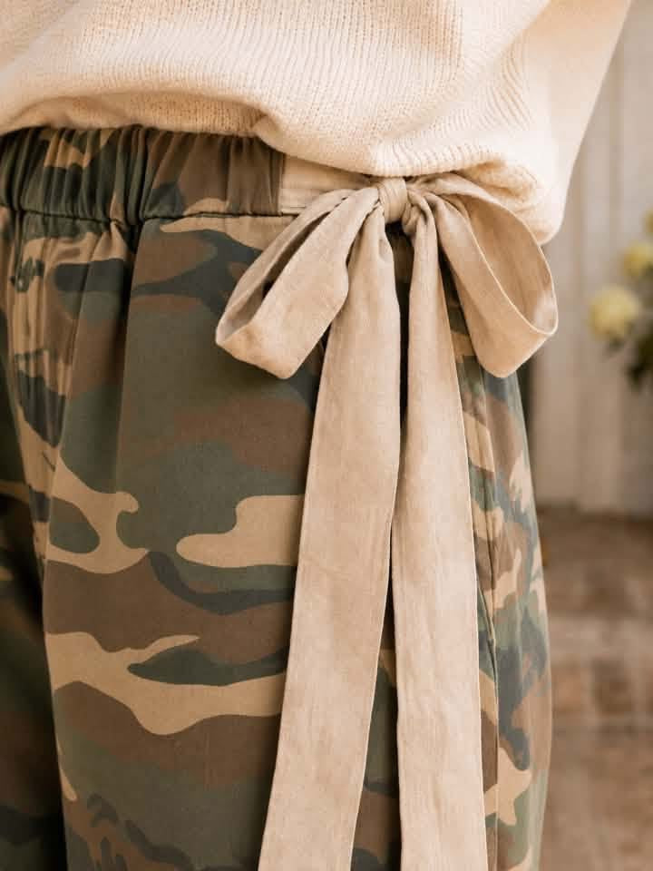 Camo Bohemian Bow Waist Palazzo Elastic Waist Pants - PREORDER