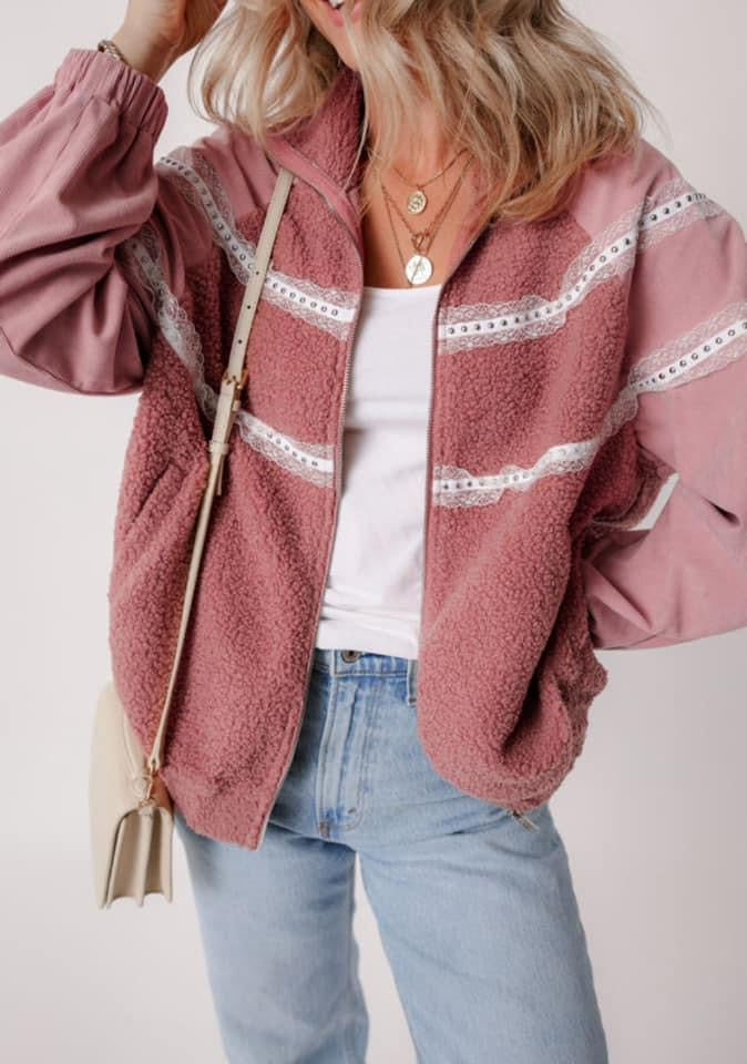 Rose Pink Sherpa Patchwork Lace Elastic Cuff Zip Up Jacket