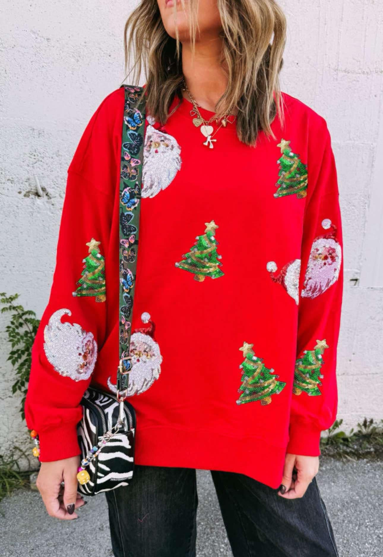 Red Santa Claus Christmas Tree Sequin Sweatshirt PREORDER