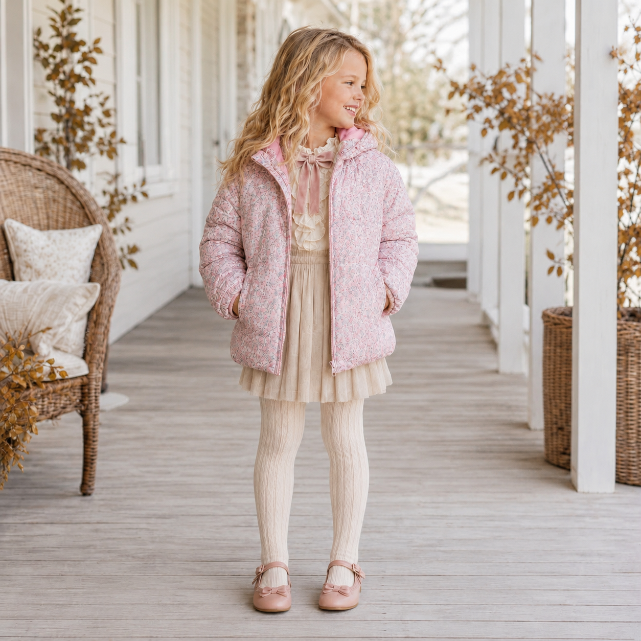 Girls Pink Floral Puffer Coat - PREORDER