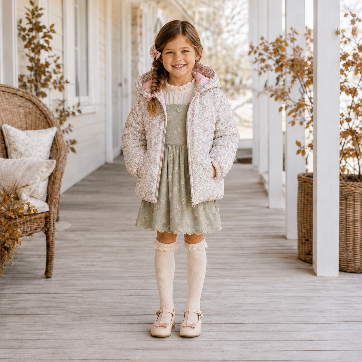 Girls Off White Floral Puffer Coat - PREORDER