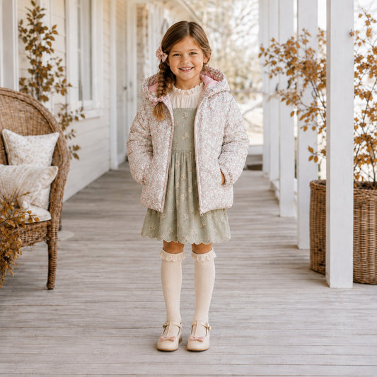 Girls Off White Floral Puffer Coat - PREORDER