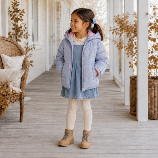 Girls Blue Floral Puffer Coat - PREORDER
