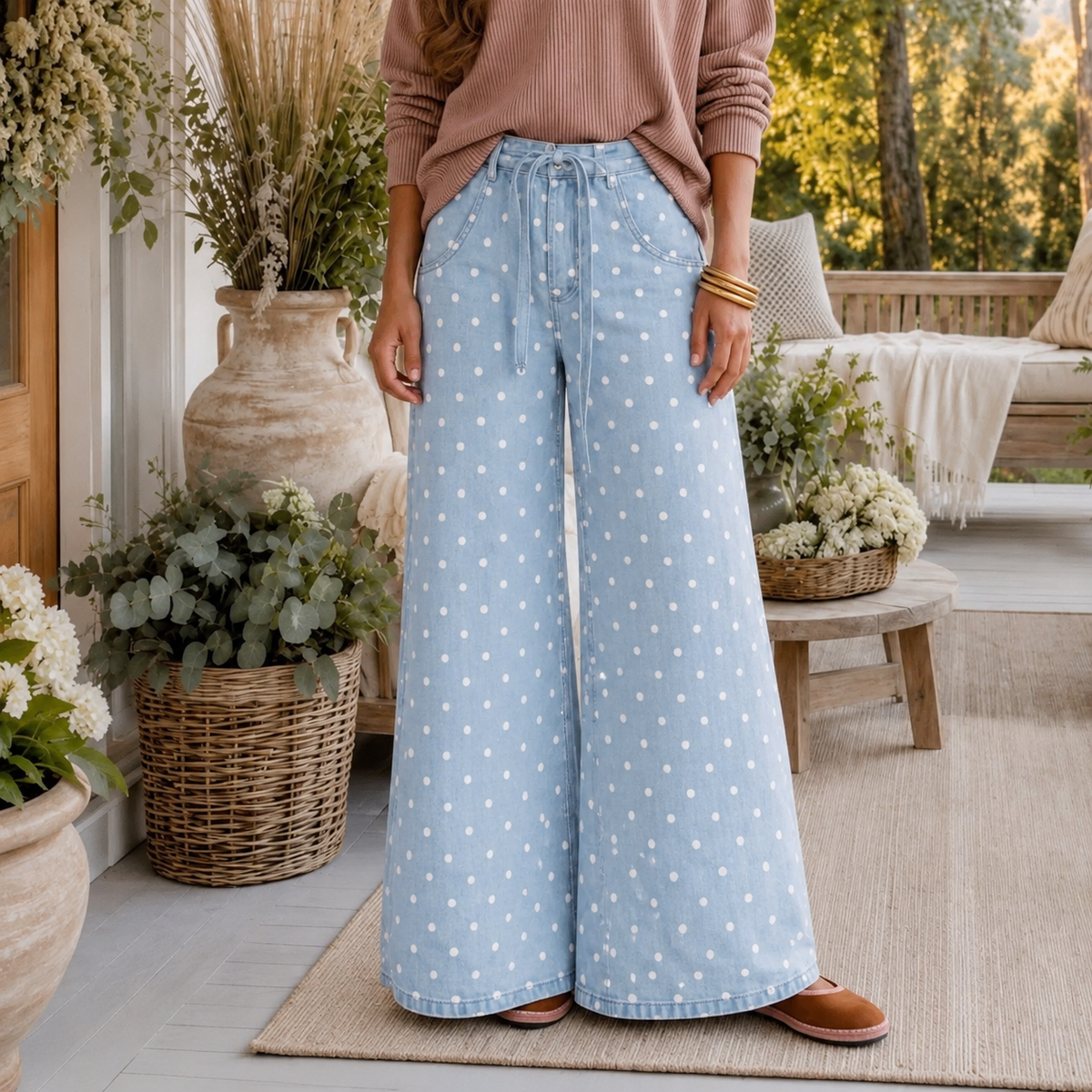 Sky Blue Polka Dot Print Tie Waist Flared Wide Leg Jeans - PREORER