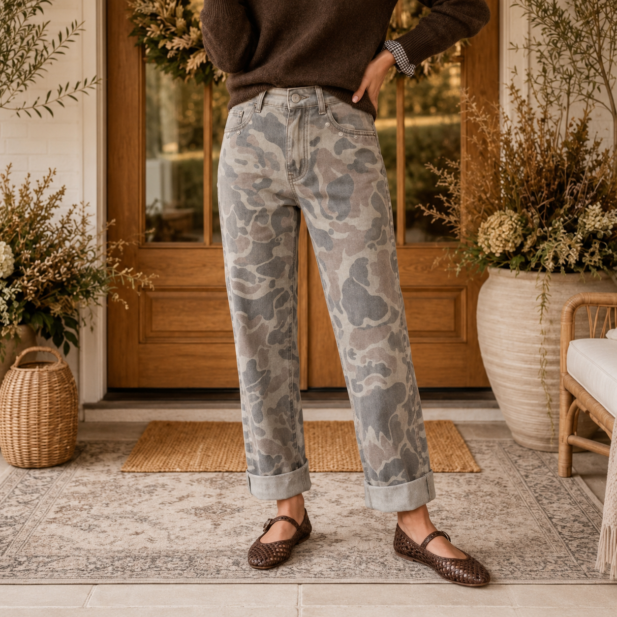 Multicolour Camouflage Studded Straight Loose Jeans - PREORDER
