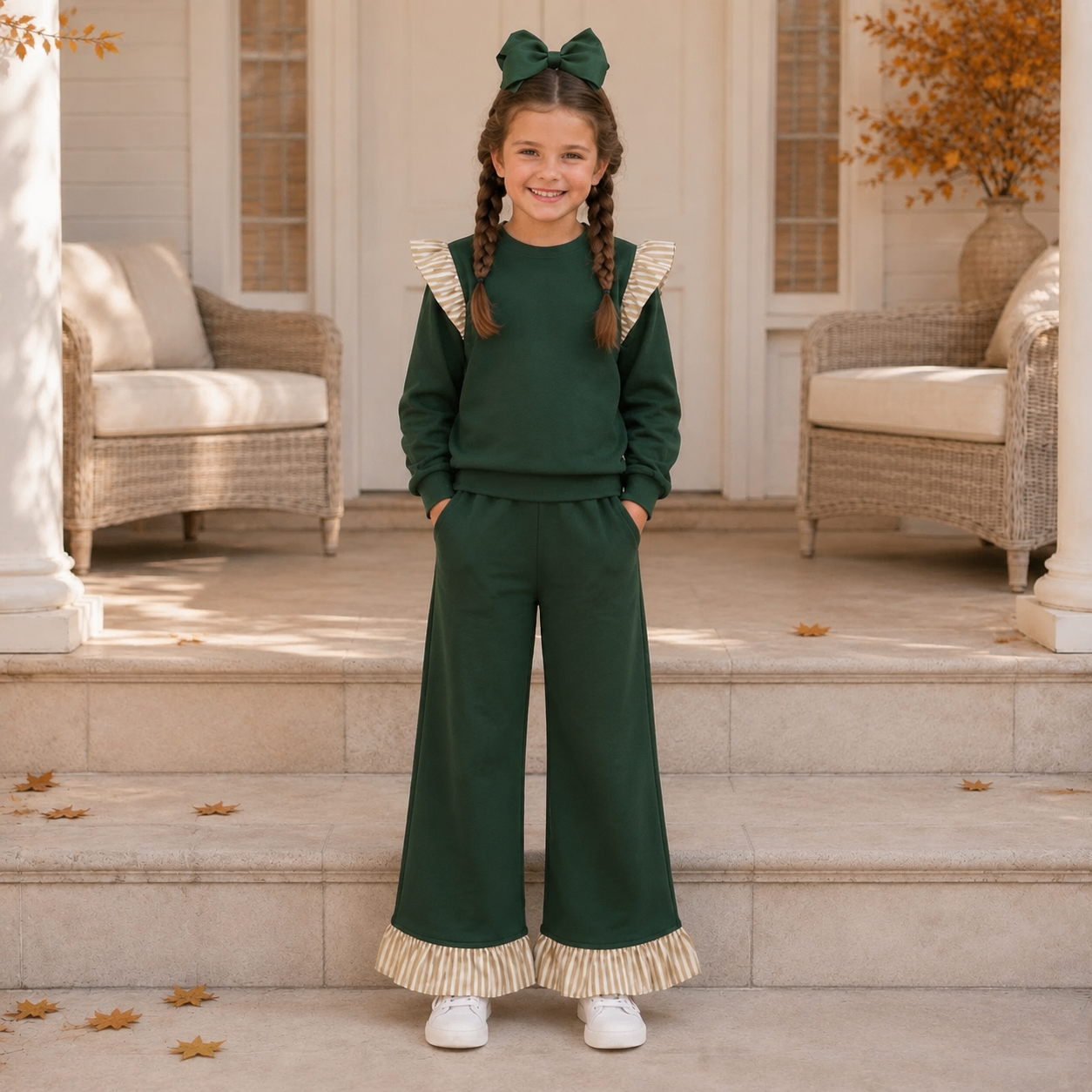 Girls Green & Tan Ruffle Set - PREORDER