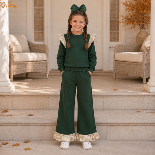 Girls Green & Tan Ruffle Set - PREORDER