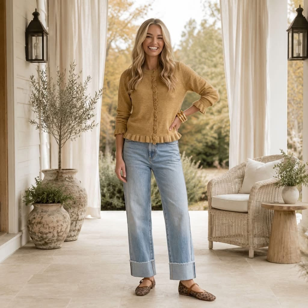 Oatmeal Ruffle Trim Gold Button Sweater Cardigan - PREORDER
