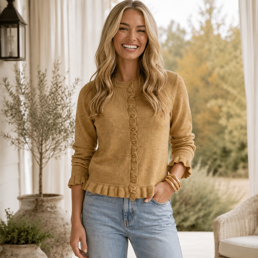 Oatmeal Ruffle Trim Gold Button Sweater Cardigan - PREORDER