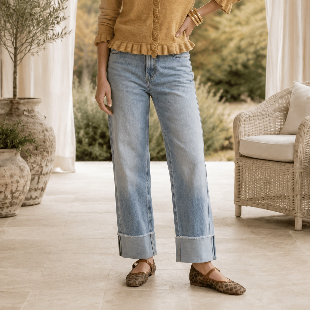 Oatmeal Ruffle Trim Gold Button Sweater Cardigan - PREORDER