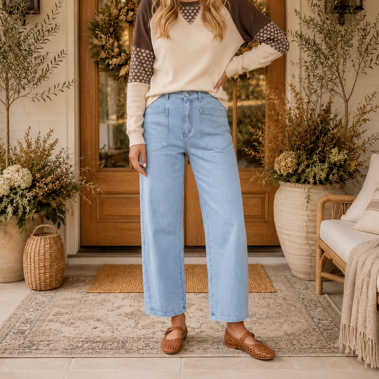Brown Floral Print Patchwork Color Block Long Sleeve Top - PREORDER