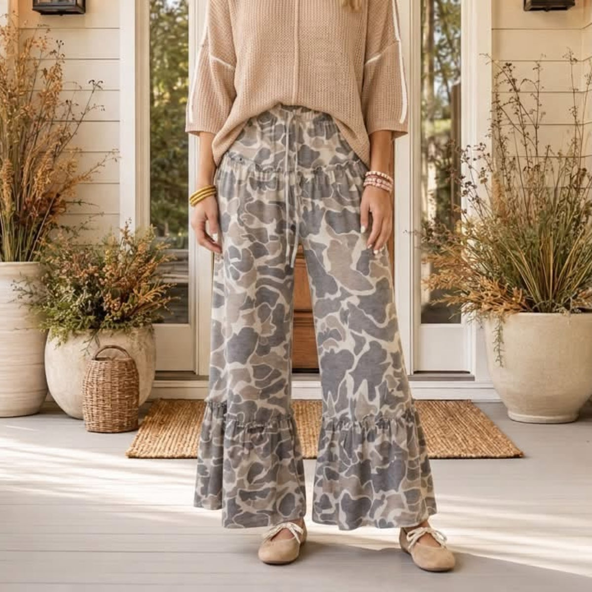Multicolour Camo Print Wide Leg Casual Pants - PREORDER
