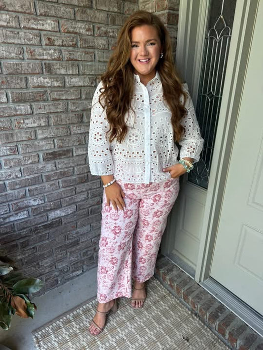 Pink Vintage Floral Print Denim Shift Pants - PREORDER