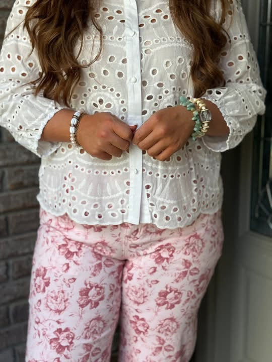 Pink Vintage Floral Print Denim Shift Pants
