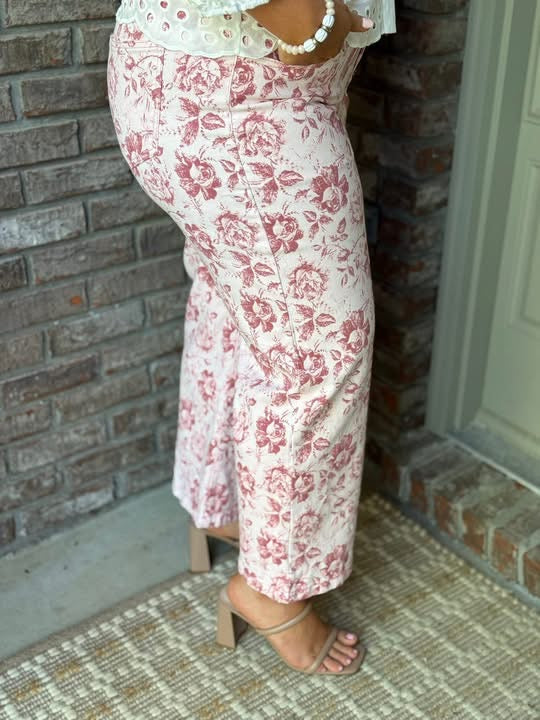 Pink Vintage Floral Print Denim Shift Pants