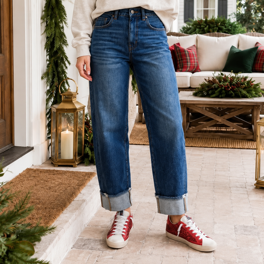Sail Blue Raw Hem Turnup Loose Ankle-length Jeans - PREORDER