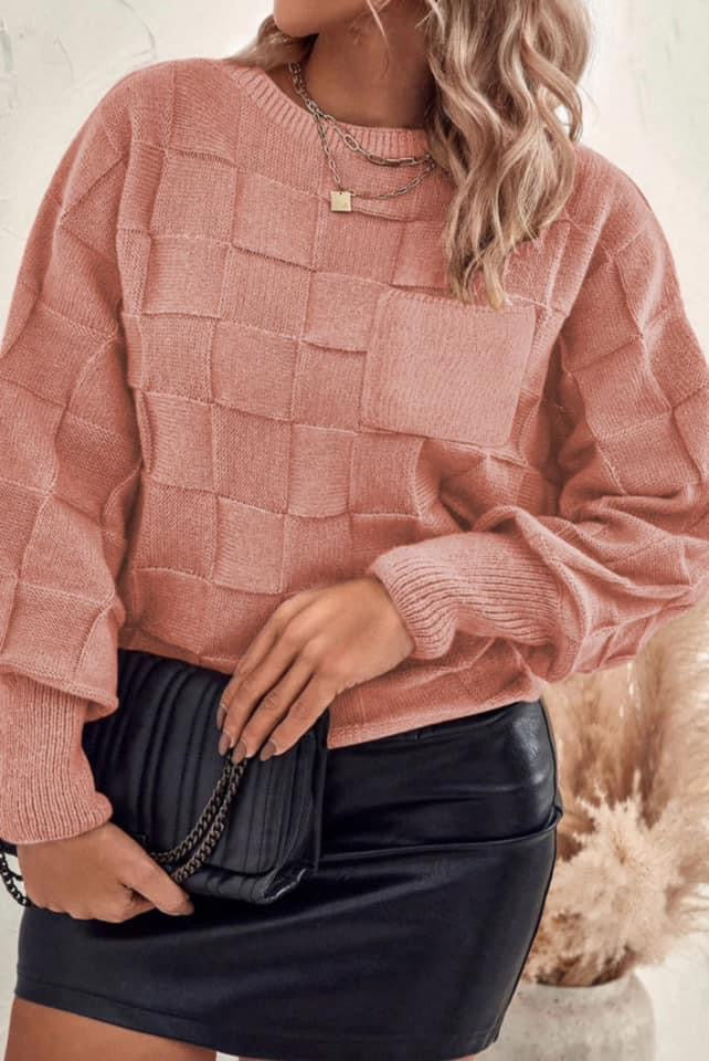 Rose Tan Solid Checkered Textured Knit Plus Size Sweater PREORDER