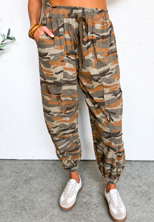 Green Camouflage Printed Drawstring Elastic Waist Jogger Pants - PREORDER