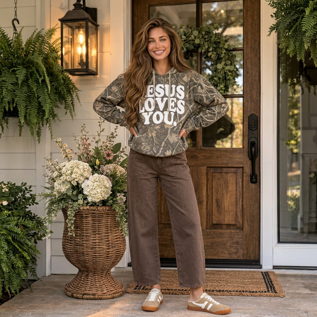 Brown Retro Camouflage Jesus Loves You Print Relaxed Hoodie - PREORDER