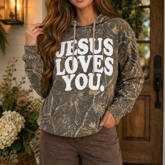Brown Retro Camouflage Jesus Loves You Print Relaxed Hoodie - PREORDER