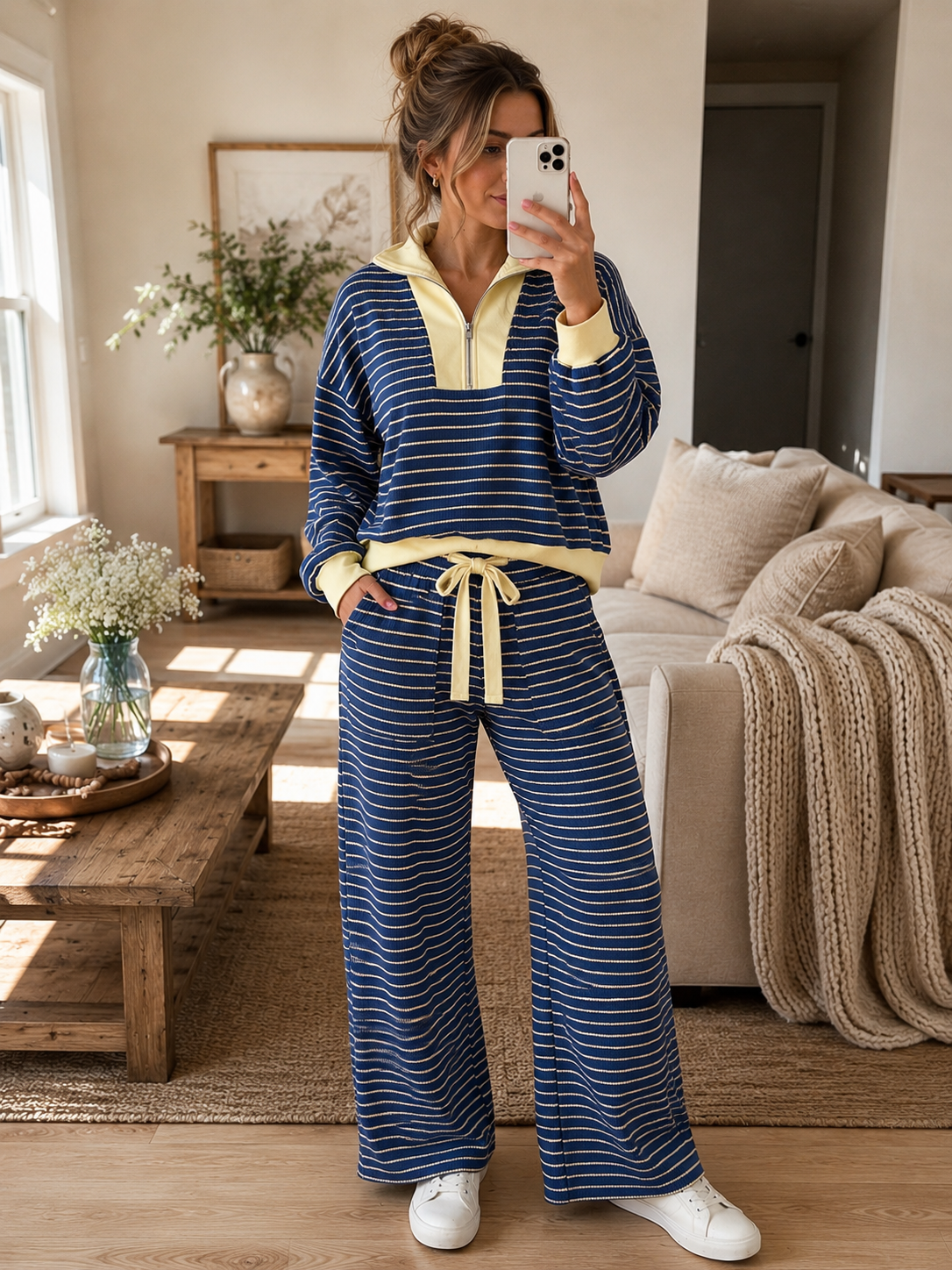 Blue Stripe Color Block Patchwork Zip V Neck Pullover Loose Pants 2pcs Set
