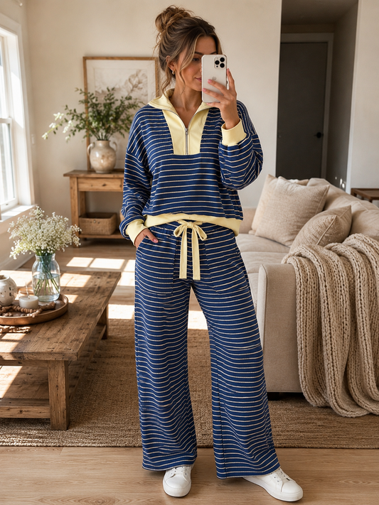 Blue Stripe Color Block Patchwork Zip V Neck Pullover Loose Pants 2pcs Set