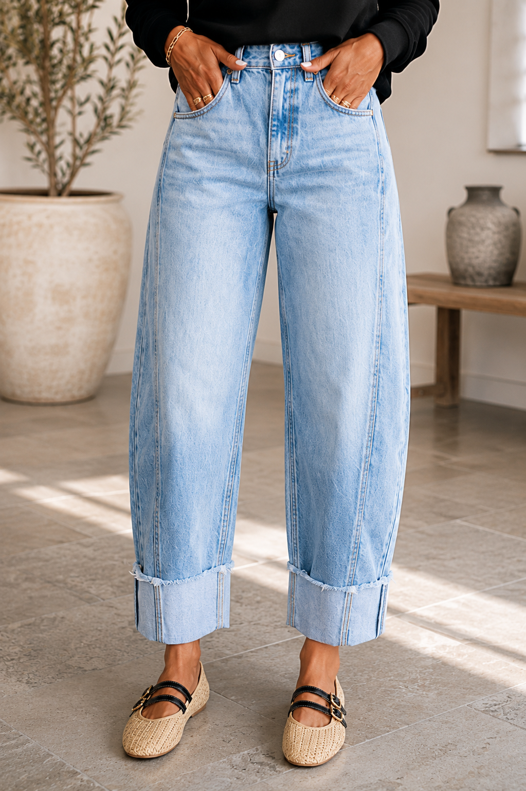 Raw Hem Turnup Loose Ankle-length Jeans - PREORDER