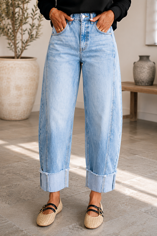 Raw Hem Turnup Loose Ankle-length Jeans - PREORDER