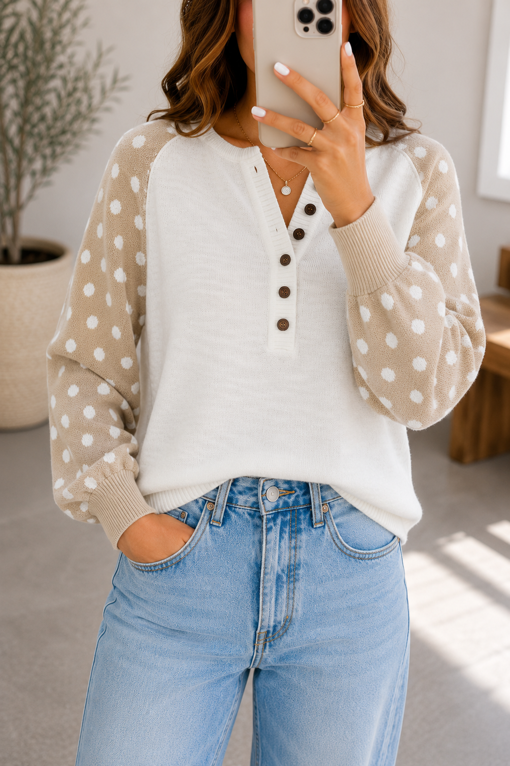 Khaki Polka Dot Contrast Long Sleeve Button V Neck Sweater