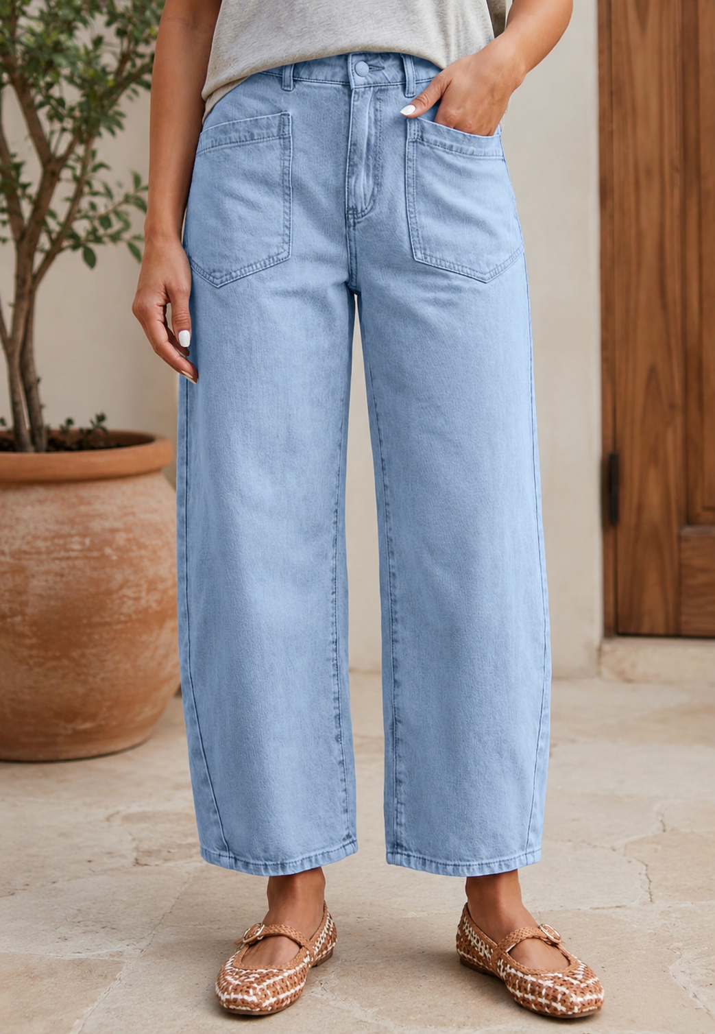 Beau Blue Solid Color Square Patch Pocket Ankle-length Barrel Jeans - PREORDER
