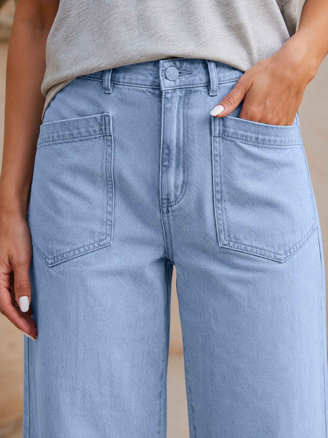 Beau Blue Solid Color Square Patch Pocket Ankle-length Barrel Jeans - PREORDER