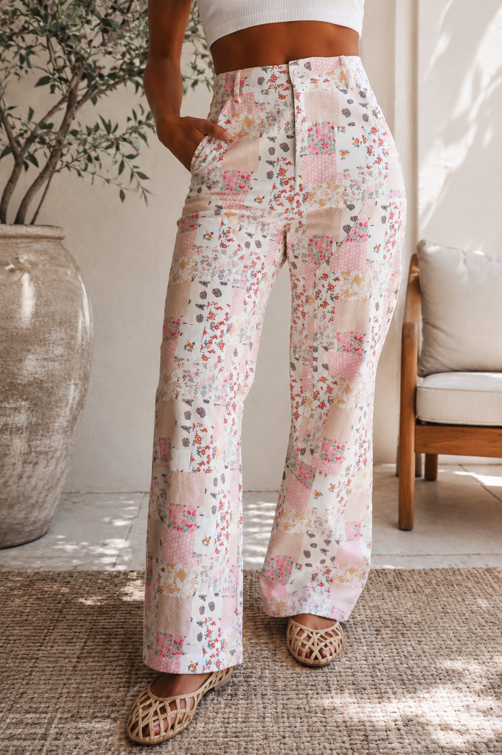 Pink Floral Patchwork Wide Leg Full Length Jeans - PREORDER