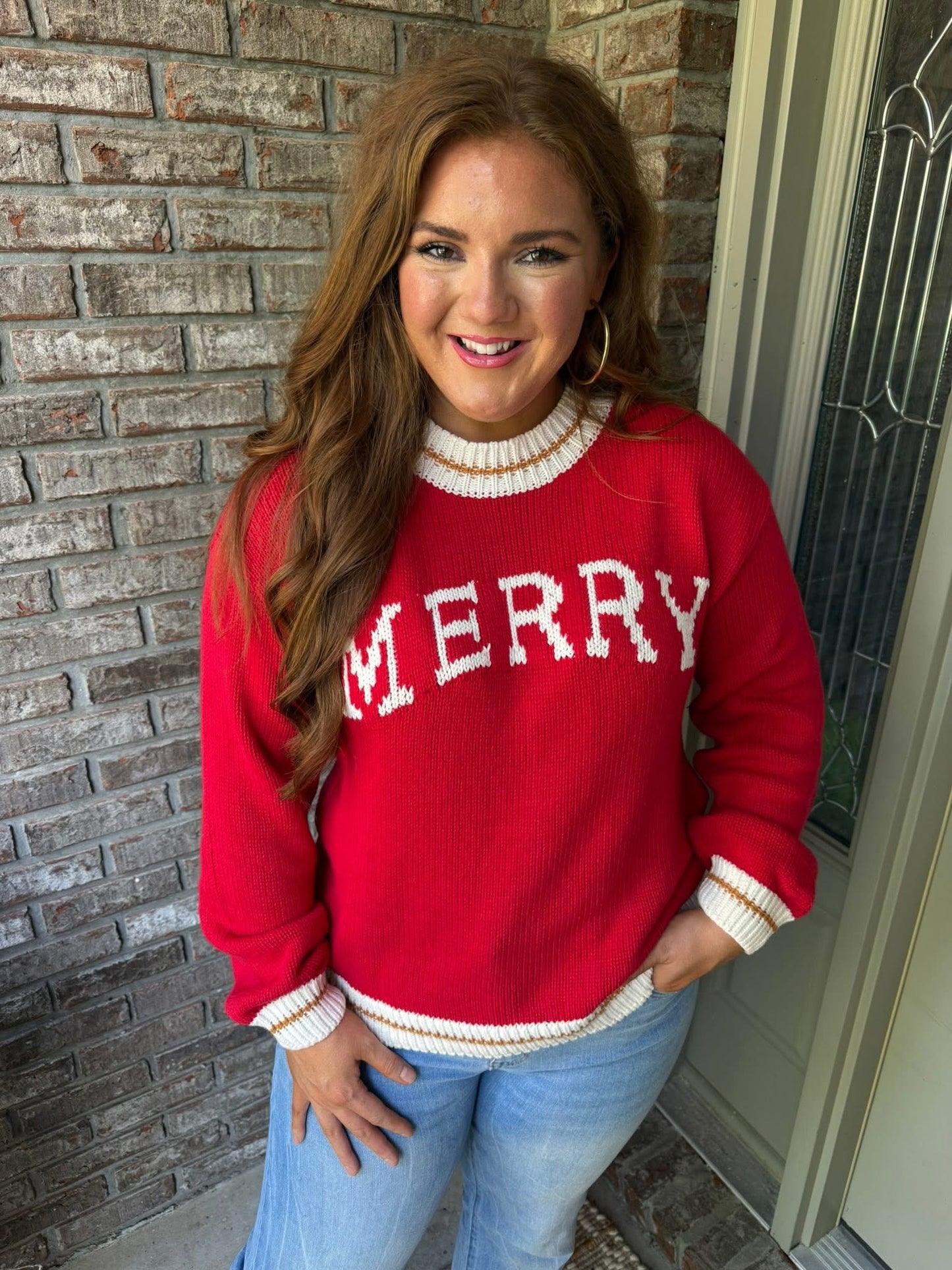 Red MERRY Color Block Edge Drop Shoulder Cozy Sweater - PREORDER