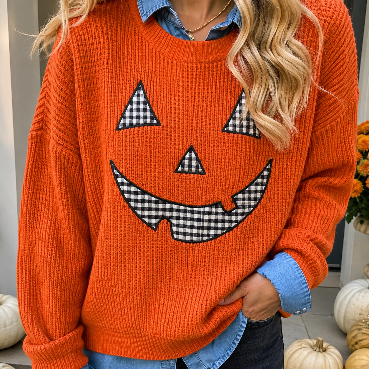 Orange Drop Shoulder Long Sleeve Round Neck Halloween Sweater - PREORDER