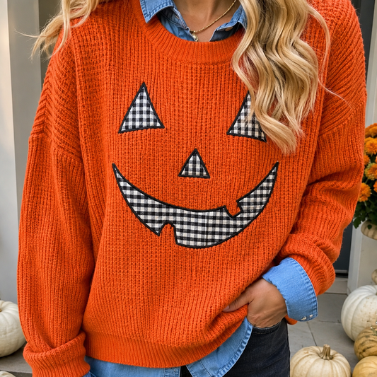 Orange Drop Shoulder Long Sleeve Round Neck Halloween Sweater - PREORDER