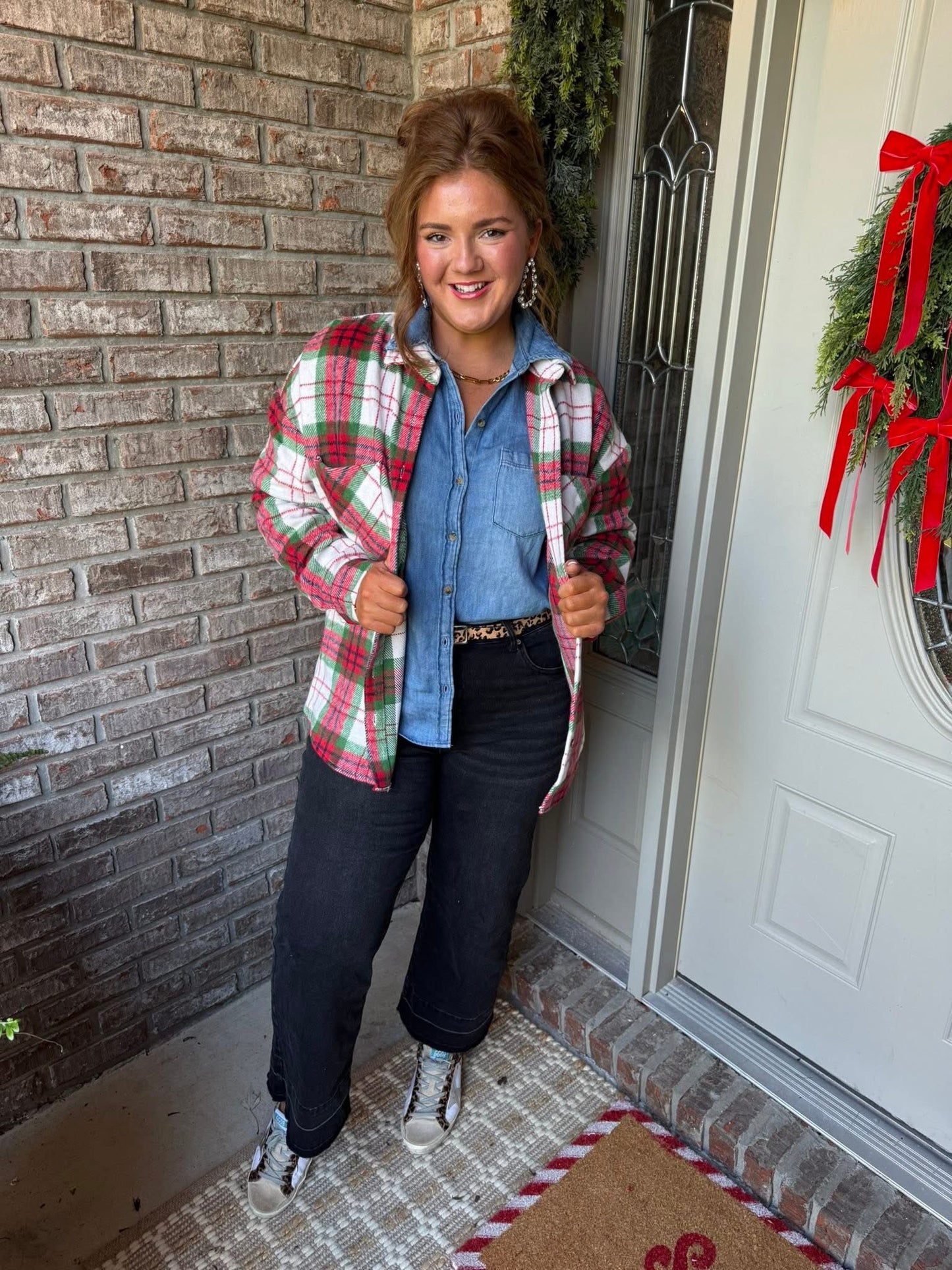 Red Christmas Plaid Casual Flannel Shacket - PREORDER