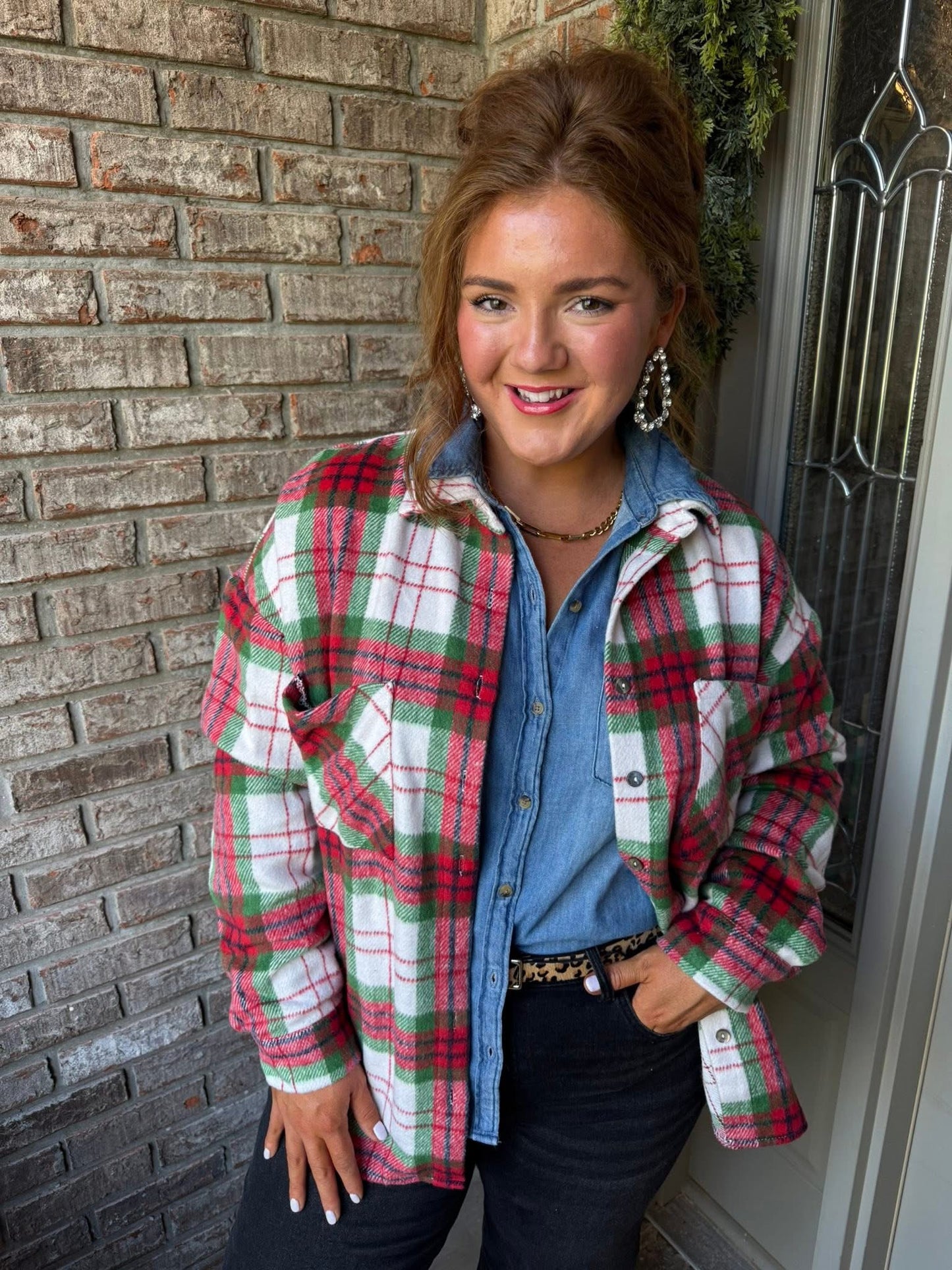 Red Christmas Plaid Casual Flannel Shacket - PREORDER