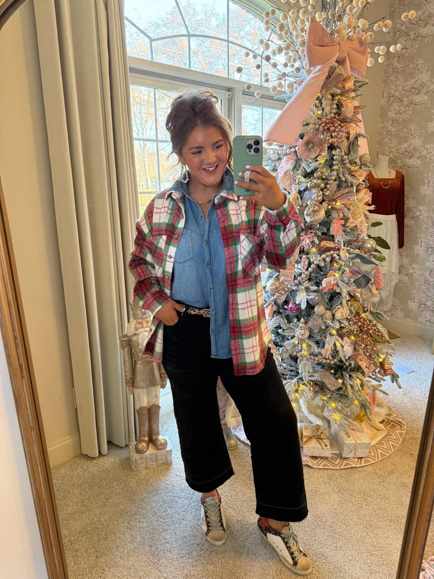 Red Christmas Plaid Casual Flannel Shacket - PREORDER